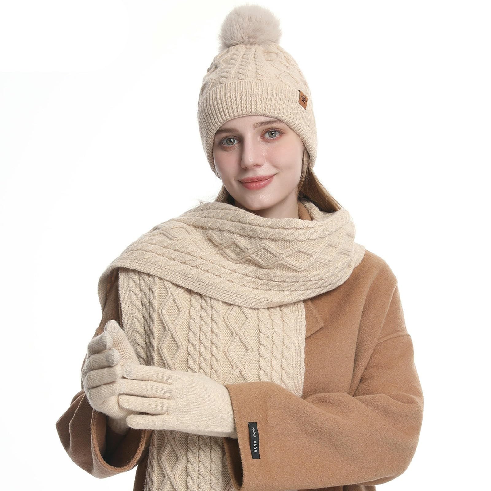 Wintermütze Schal Handschuhe Set Aus Strickmütze, Und Handschuhen, Mit Winterfleece Gefüttert, Warm, Outdoor-gehörschutzwolle -dreiteiliges Beige