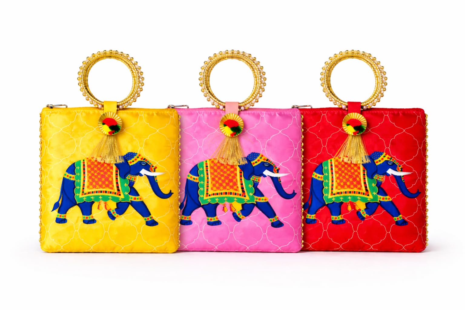Women Ethnic Potli Handbag Set of 3 with Traditional Cow Design | Wedding & Festive Clutch Purse for Ladies | Designer Handle Bag for Party, Return Gift, Diwali, Navratri (Multicolor)-image-18
