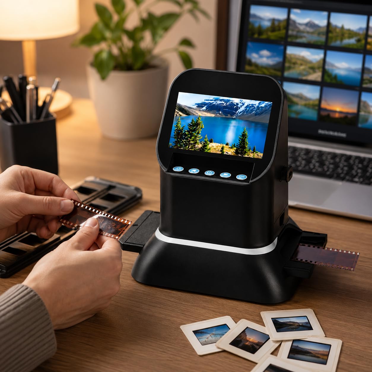 Scanner per pellicola da 22 MP per diapositive e negativi di medio formato da 35 mm e 120, LCD da 4,3 pollici, memoria integrata da 128 MB