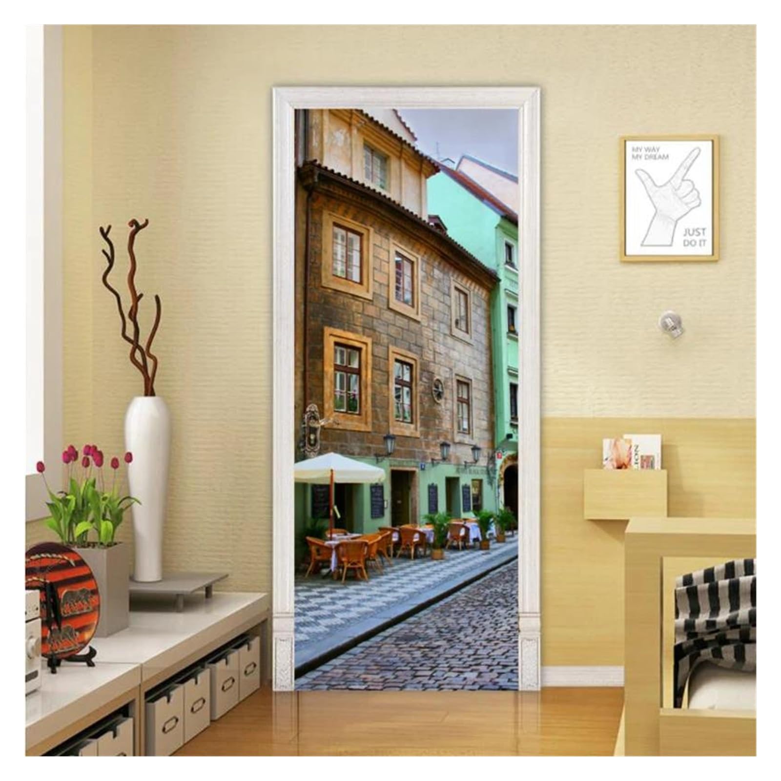 Sticker de porte 77x200cm autocollant avec scène de fenêtre et bâtiment pour décoration murale