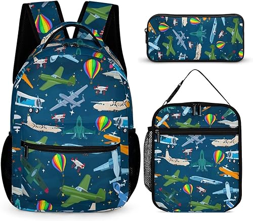 Mochila de 3 piezas de dibujos animados para laptop, mochila duradera de 17 pulgadas, elegante mochila de hombros con múltiples bolsillos, Aviones y