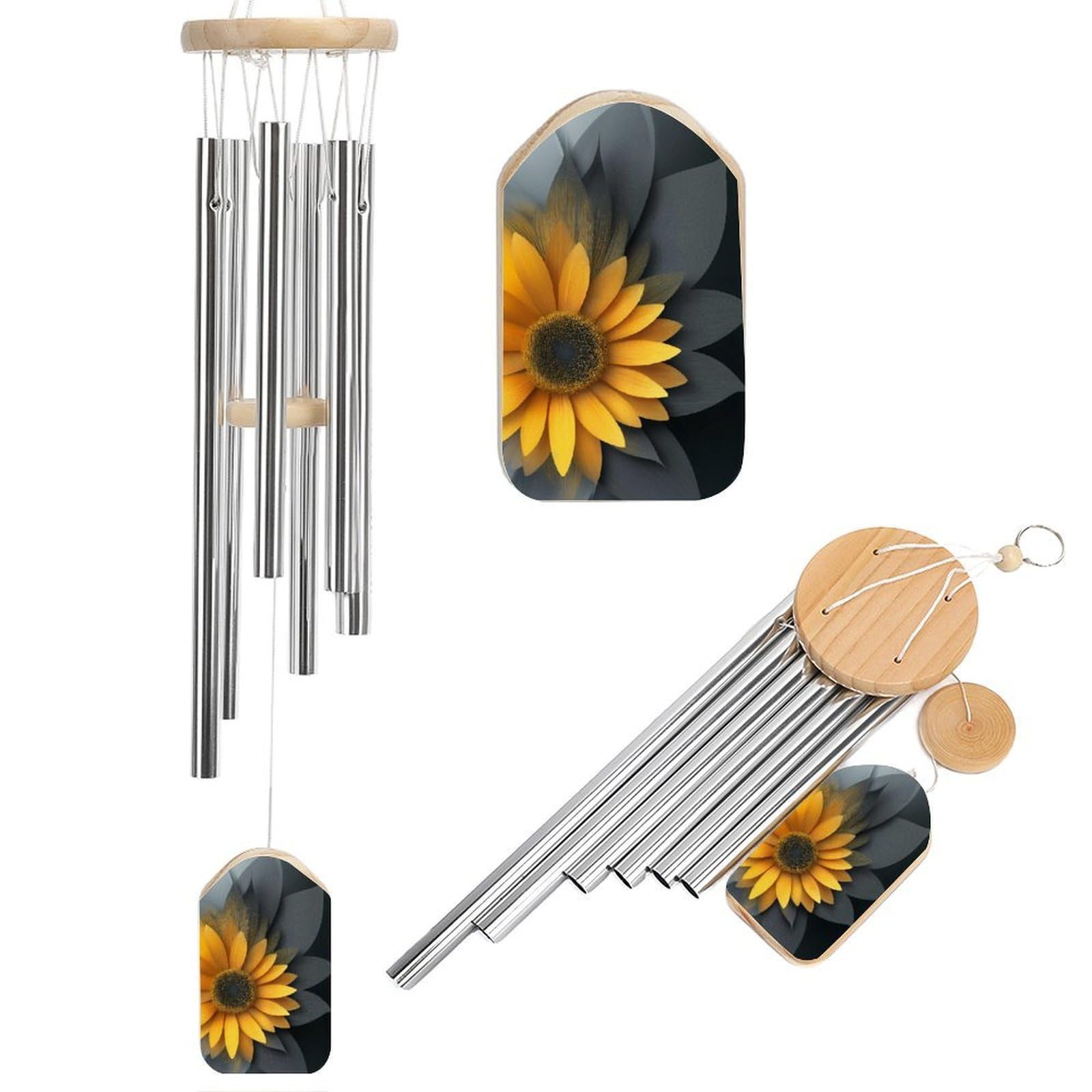 Yellow And Black Sunflower Paper-cut Art Wind Chimes Memorial Deep Tone Windchime with 6 Aluminum Tubes Outdoor Backyard Garden Decoration