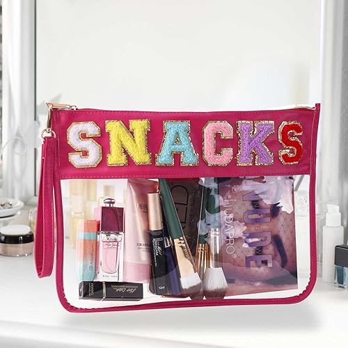 Miniatura 4 de HASIOY - Bolsa transparente con parches, bolsa para aperitivos, bolsa de felpilla con letras de chenilla, bolsa de cosméticos con correas doradas