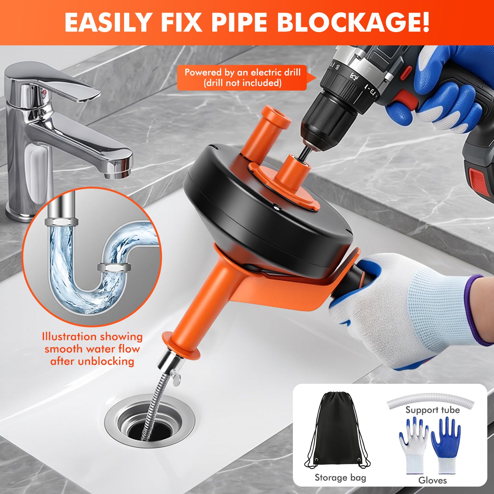 Furet Déboucheur Canalisation 10M avec Sac de Rangement & Gants – Spirale de Nettoyage Haute Résistance Galvanisée pour un Débouchage Écologique dans la Cuisine, la Salle de Bain & l'Évier