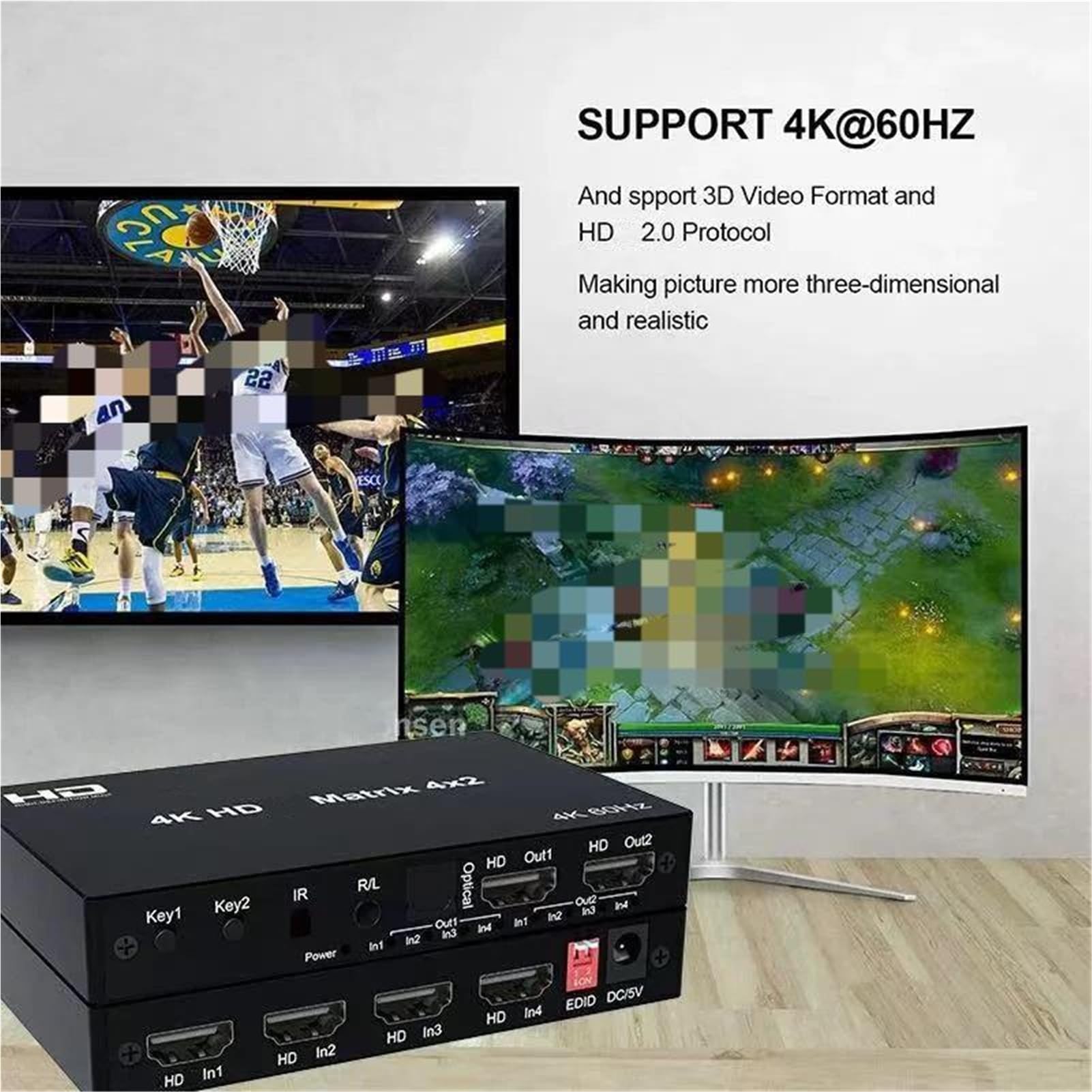 Répartiteur de commutateur matriciel vidéo Compatible HDMI, 4K 2x4 4x2