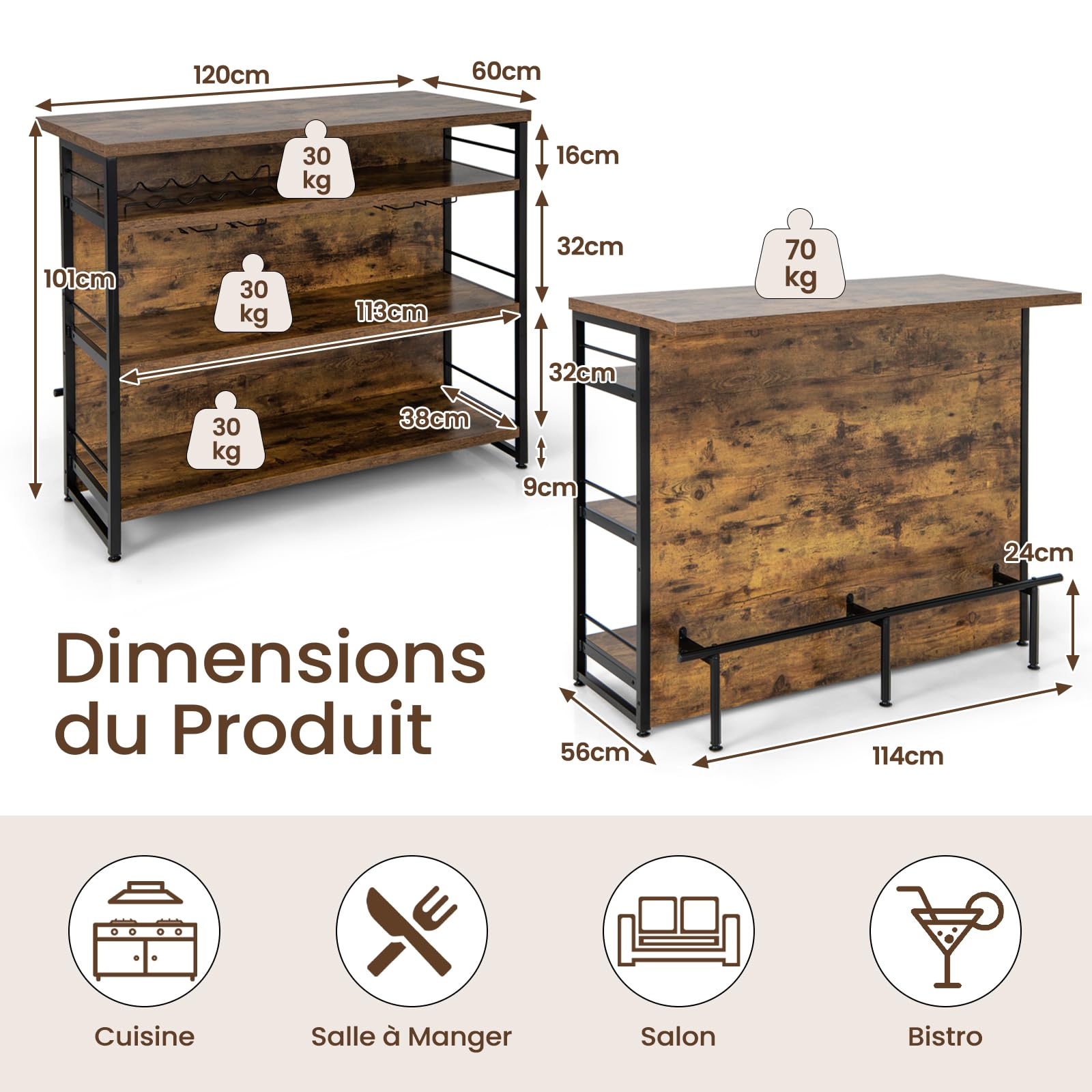 GIANTEX Ilot Central Cuisine avec Plan de Travail, Table de Bar à 4 Niveaux avec Porte-Bouteilles, Porte-gobelets, Casier à Vin et Supports pour Verres à Pied, 60 x 120 x 101 CM (Marron)