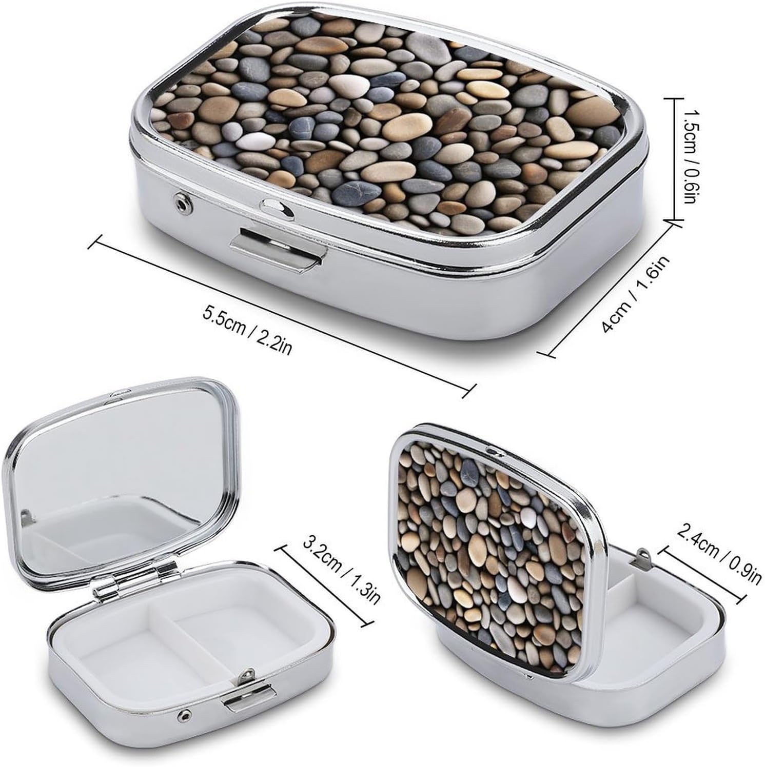 Pill Box 2 Compartment Metal Medicine Pill Organizer Stones All Over The Ground Pill Case for Purse Or Pocket Cute Mini Portable Pill Holder Travel Pill Container to Hold Supplements image 2