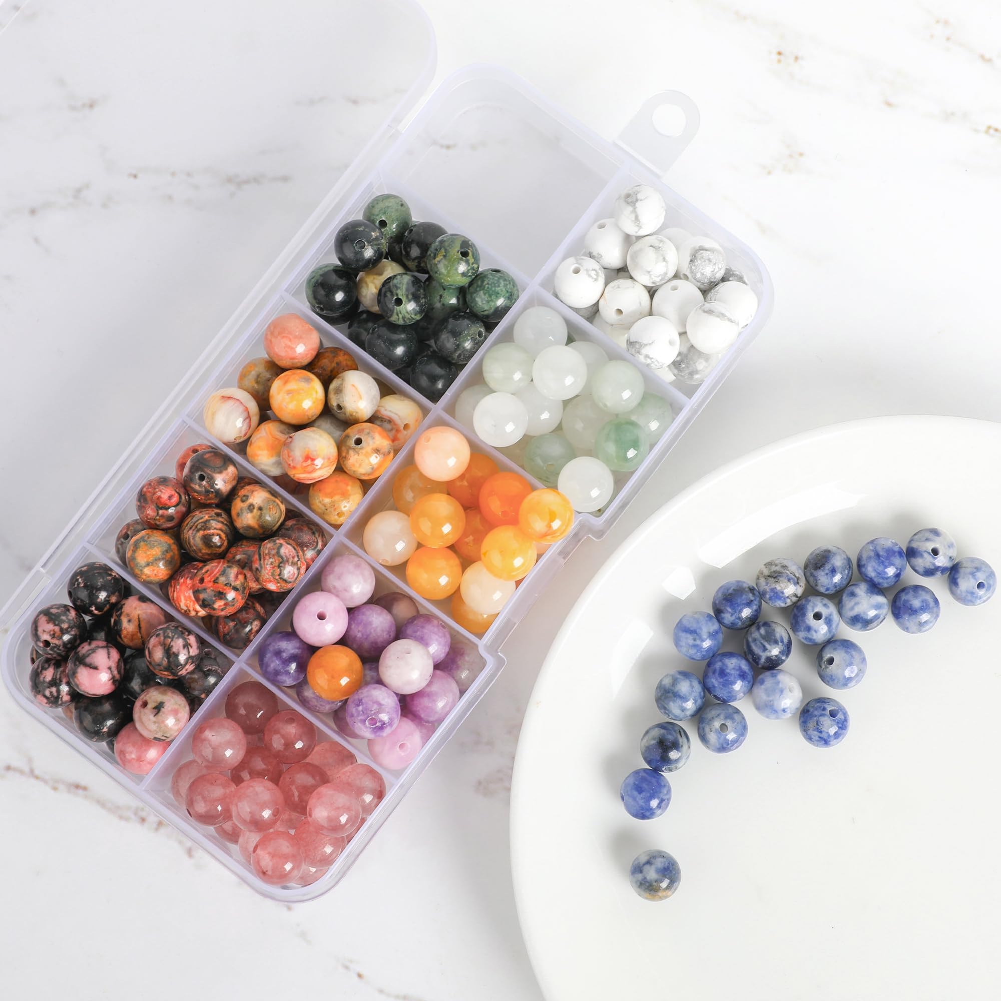 SOSMAR 200 Cuentas Redondas de Piedras Naturales 8mm para Joyería - 10 Tipos (Cuarzo Fresa, Ágata de Encaje Loco, Howlita Blanca) - Pulseras, Collares, DIY Manualidades (estilo D)