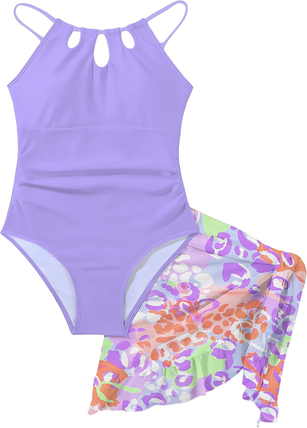 Girls Swimsuit One Piece Bathing Suits Quick Dry Cut Out Swimwear with Cover Up Skirt Kids Swim Set Size 7-16