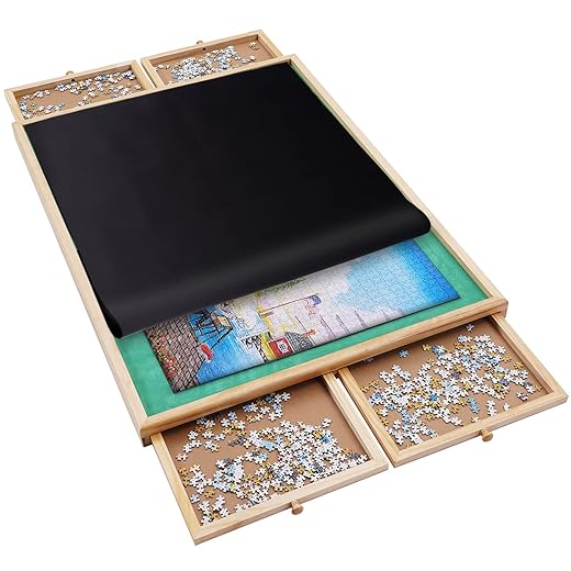 1500 Pieces Wooden Jigsaw Puzzle Board with 4 Drawers for Storing Puzzles, 26” x 35” Large Portable Jigsaw Puzzle Table with Puzzle Cover, Non-Slip Plateau Work Surface for Adults