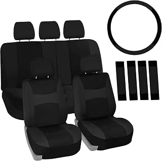 FH Group Universal Cloth Car Seat Covers Full Set - Airbag Compatible, Washable, Split Bench Rear Fit for SUV, Sedan, Van - Black