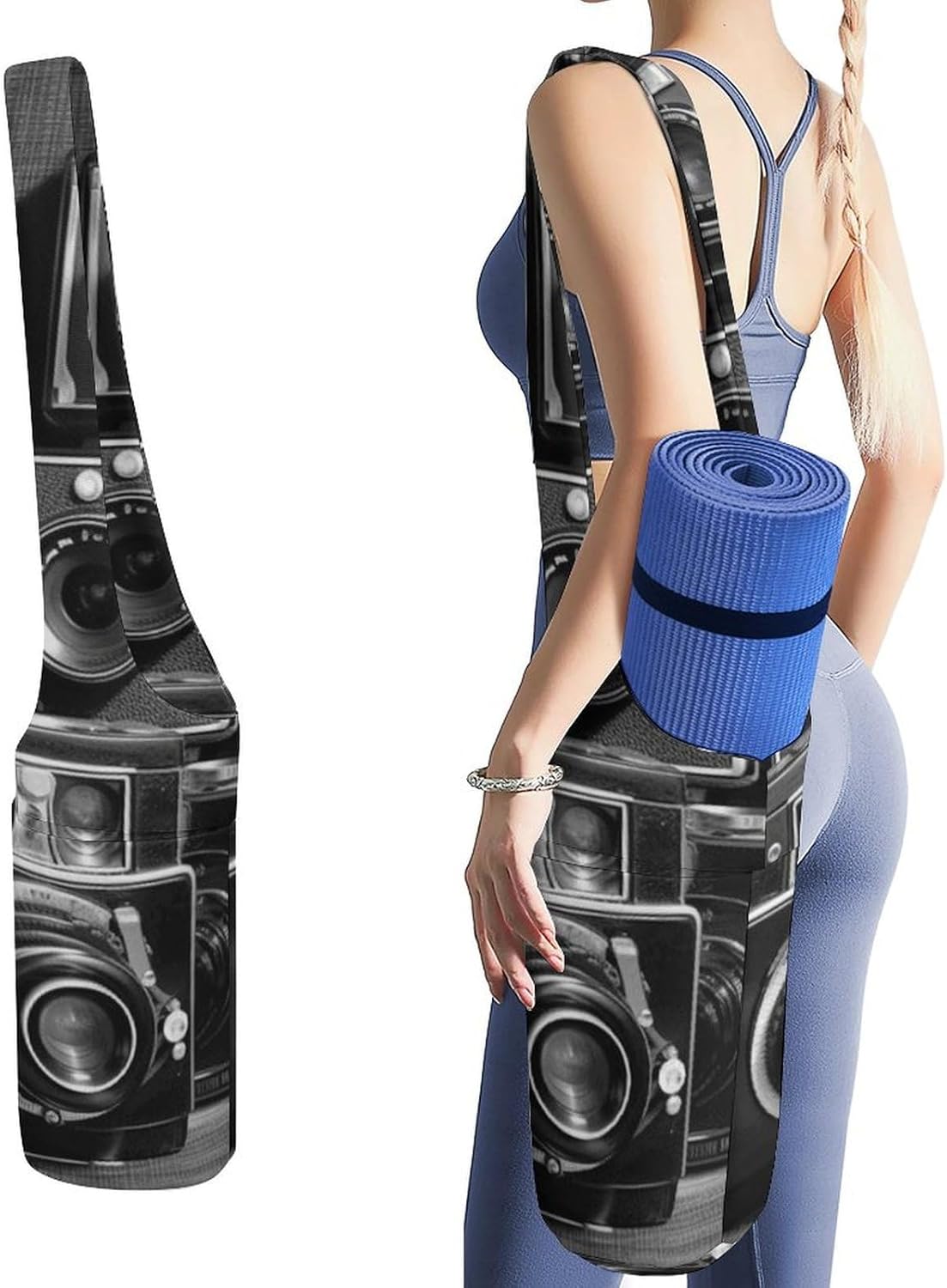 Retro Cool Camera Collection Yoga Mat Bag Yoga Backpack Multi Pocket Exercise Yoga Mat Carrier Multi-Functional Storage Bag for Pilates Beach Travel And Everyday Use