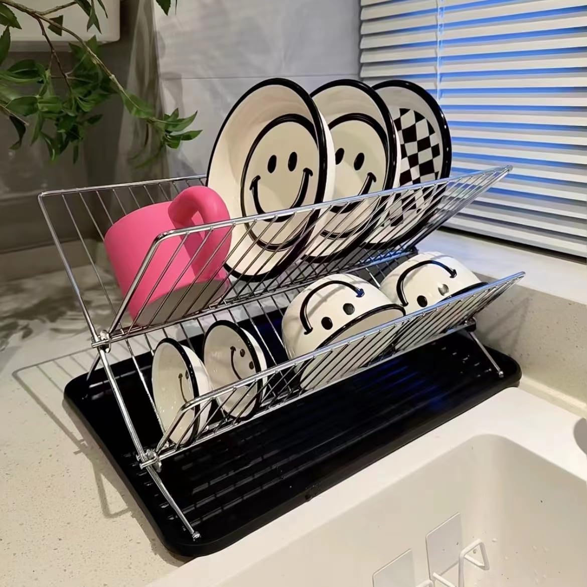 BAVIEN Foldable Dish Drying Rack, X-Shape 2 Tier Dish Drainer with Tray, Tableware Holder Drying Shelf Storage Rack for Kitchen Counter (Black)