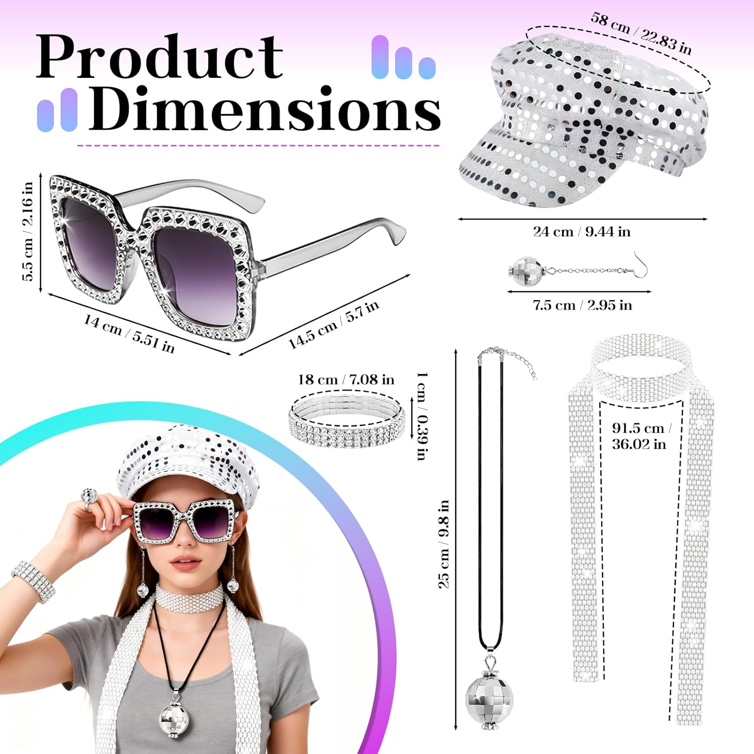 BOZILY 7Pcs Disco Accessories Set for Women - 70s Retro Party Jewelry Kit with Sequin Hat, Scarf, Earrings, Necklace, Glasses, Bracelet & Rings for Disco Themed Outfits Women Parties, Gift