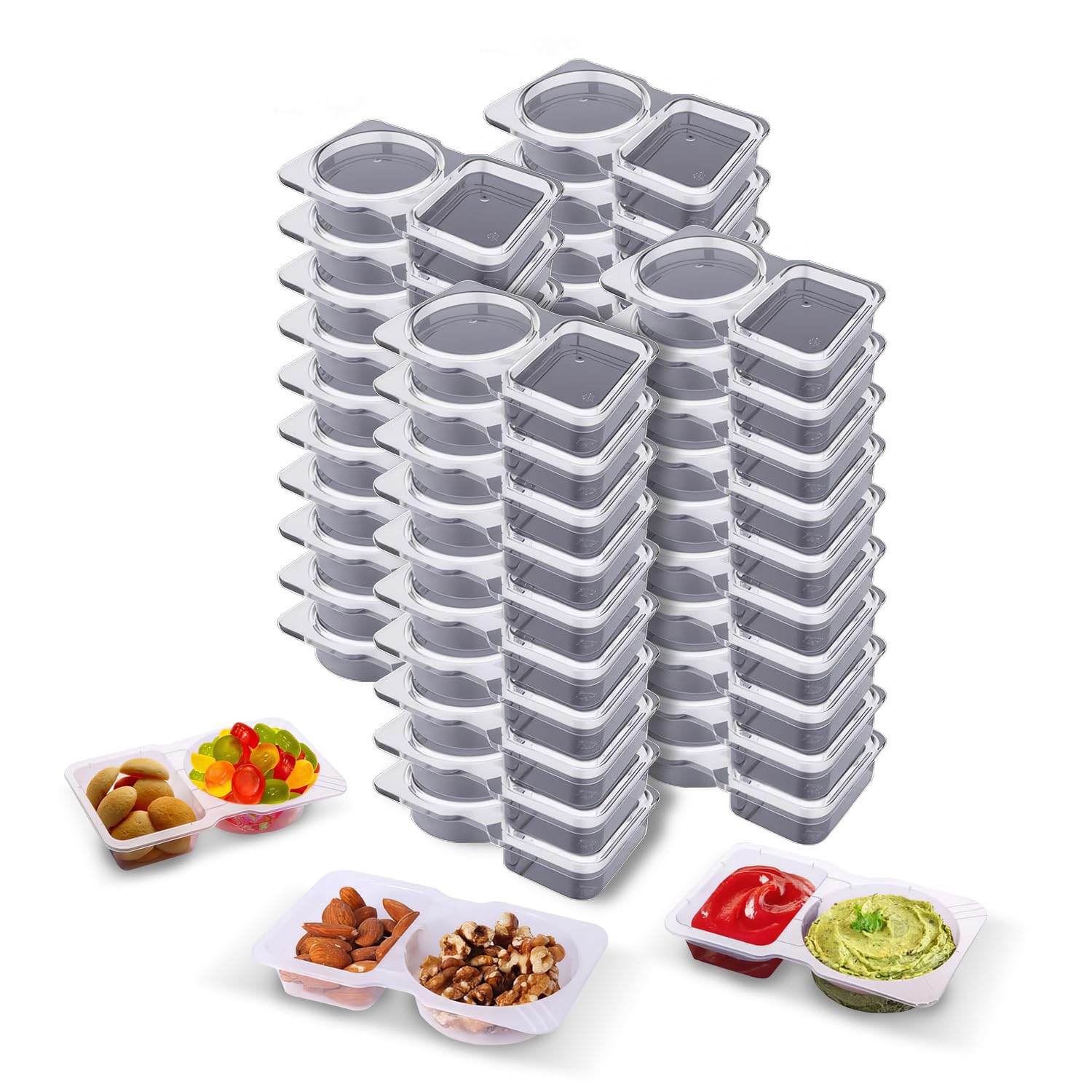 40 juegos de recipientes de doble compartimento, recipientes desechables reutilizables con tapas para viajes, aperitivos, salsa de