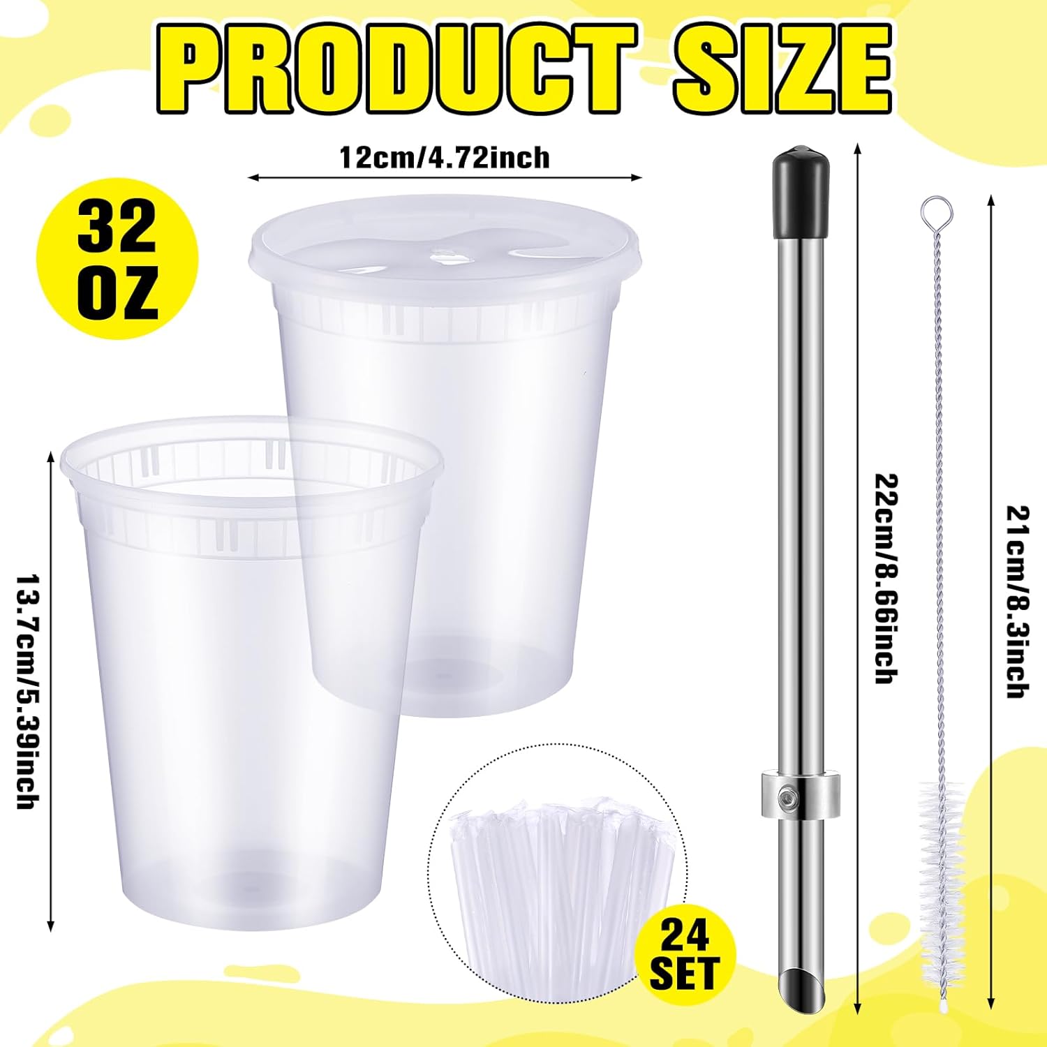 Reallnaive 24 Set Lemonade Cups with Lids Include 32oz Clear Plastic Cups Straw Puncher Straws Lids Eyedropper Brush Apple Citrus Hot Cup for Fall Caramel Apple Cider Hot Drinks