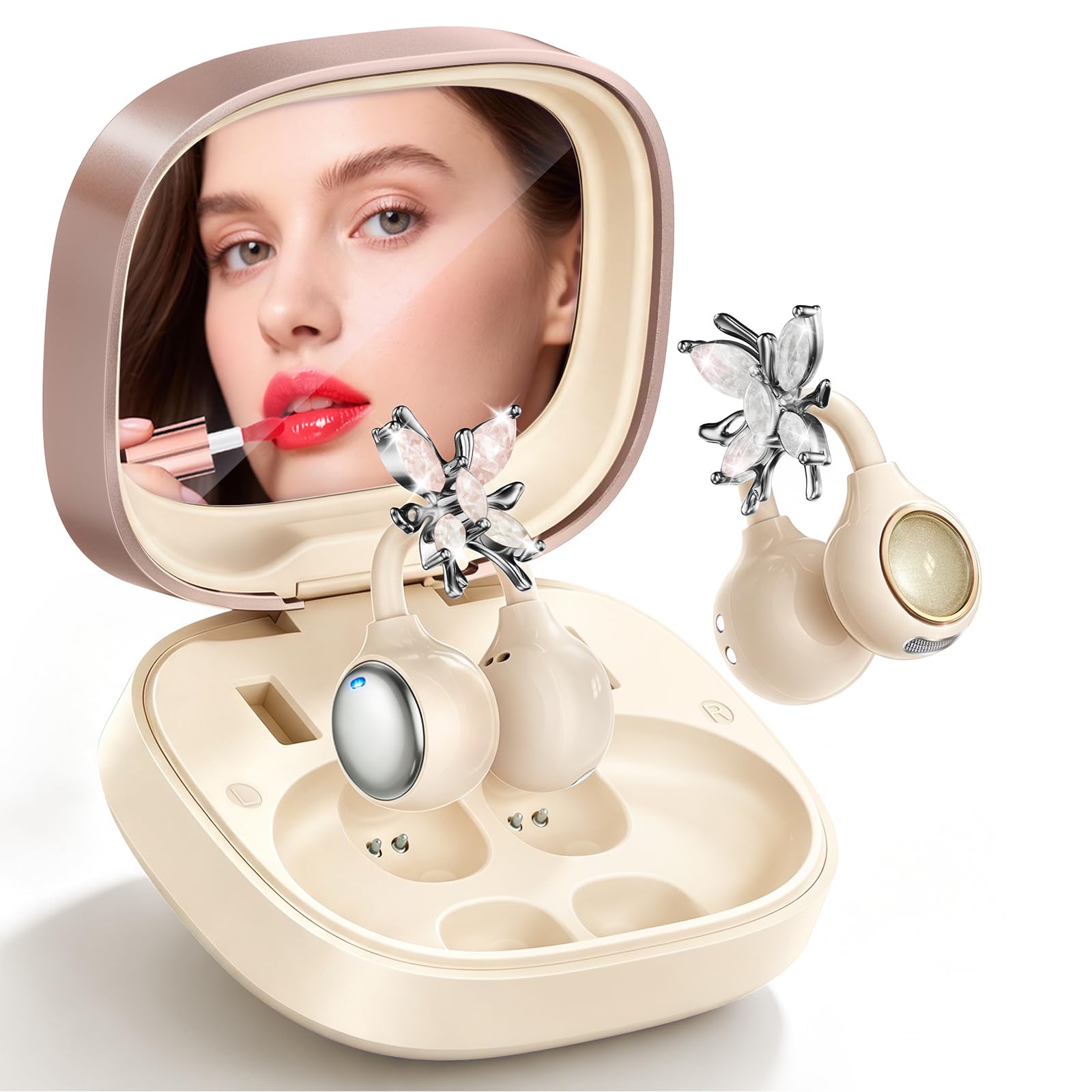 CHENRUIDA Clip On Earbuds Wireless Earring-in Case with Mirror(Skin) | Comfort Open Ear e…