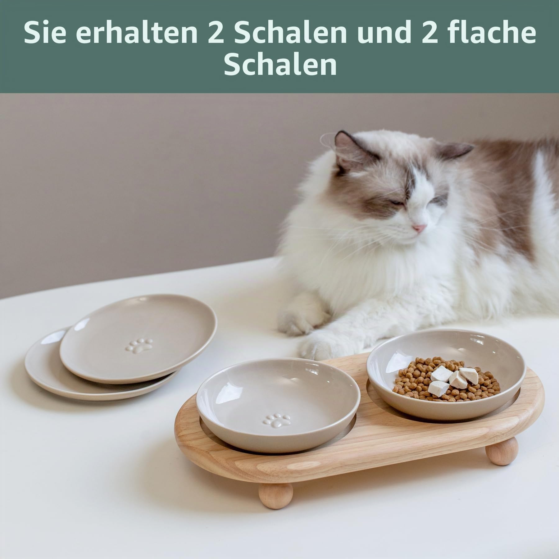 Havniva Erhöhter Keramik-Fressnapf für breites Schnurrhaar, Futter- und Wassernapf 2-Stile, verstellbar, Anti-Schnurrhaar, Müdigkeit (2 Schalen + 2 Flache Schalen + Ständer