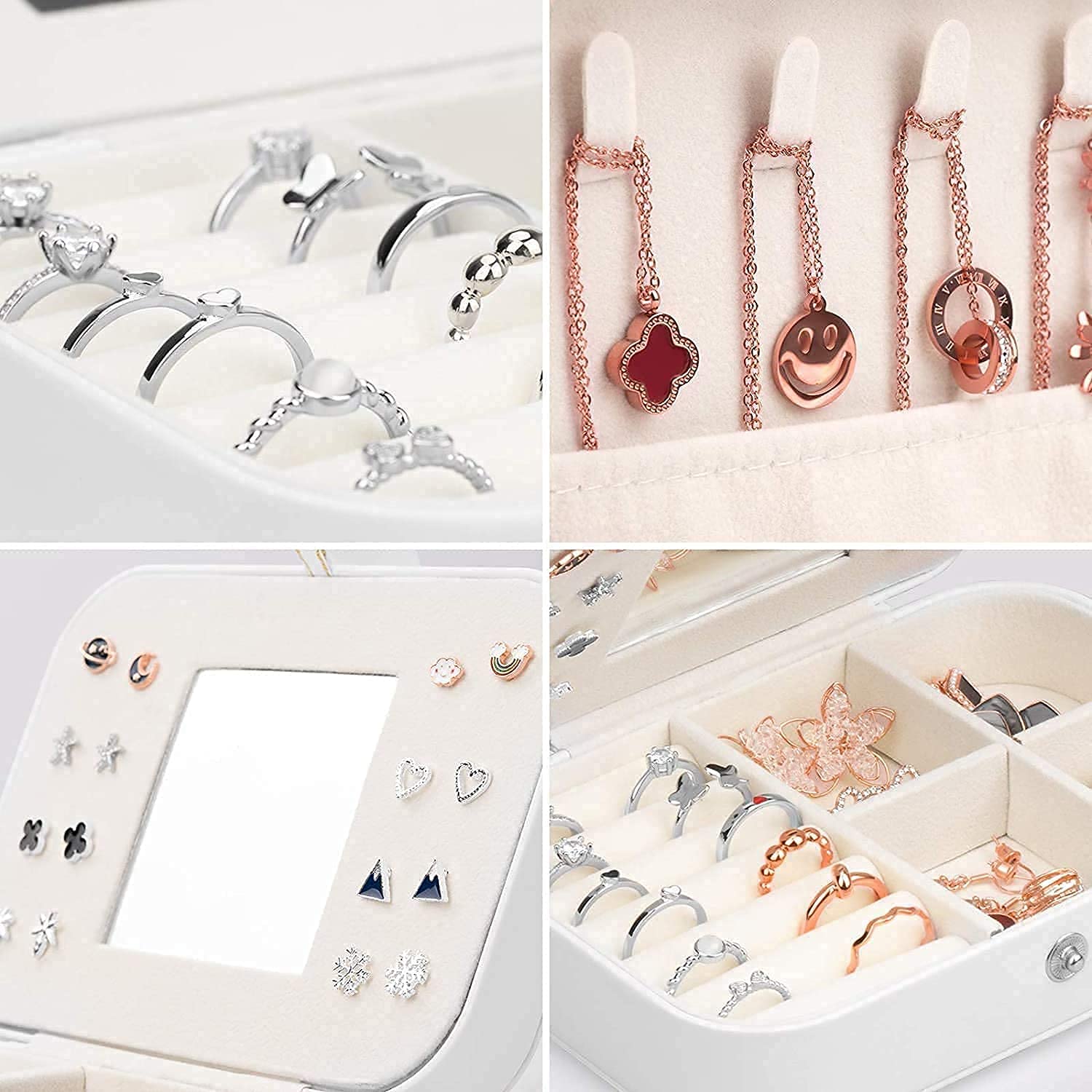 ZYFSHA Joyero de Piel sintética para Mujer, joyero de Viaje, joyero pequeño con Espejo para Pendientes, Anillos y Collares (Blanco)