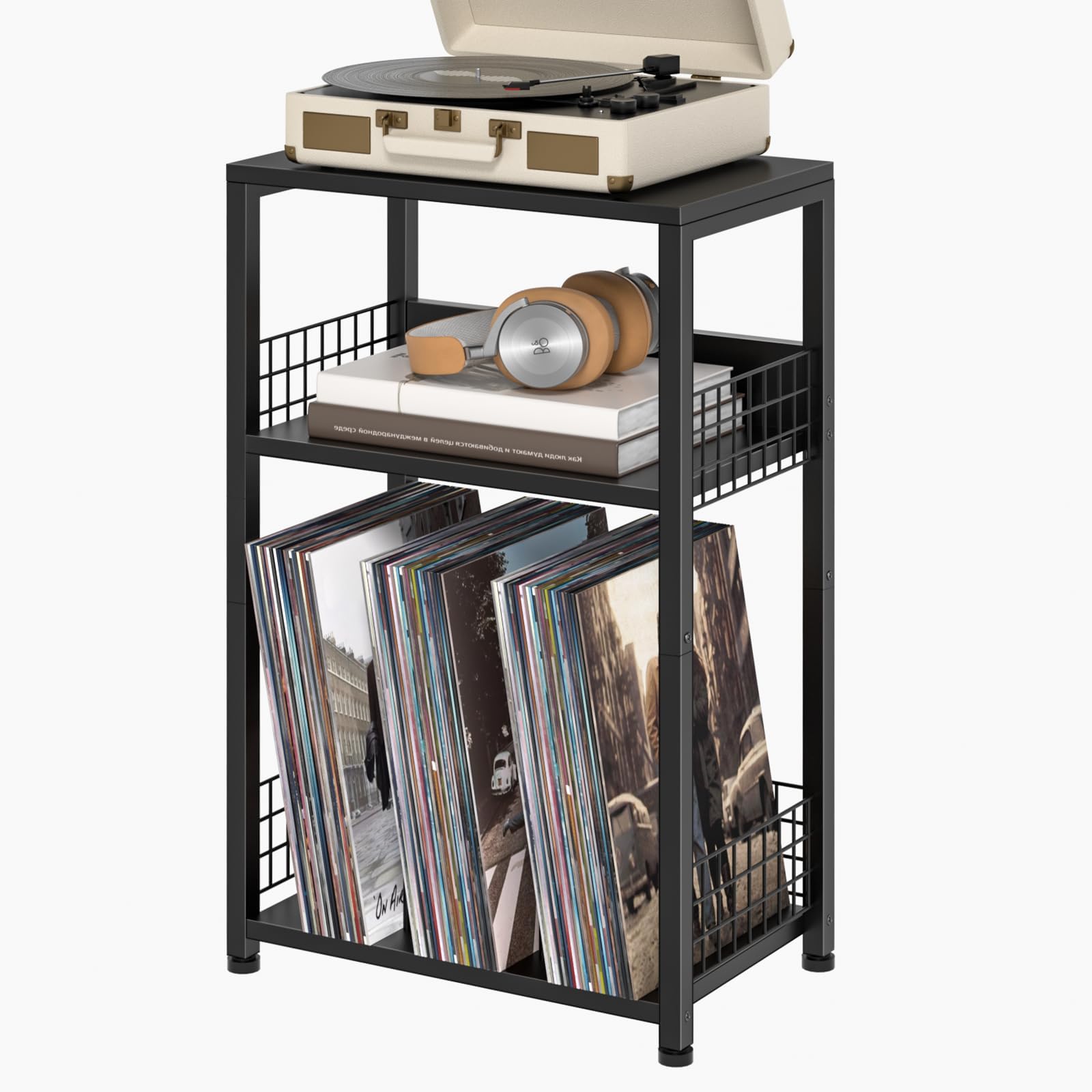 LELELINKY Side Table with Storage, Black Night Stand for Small Spaces, 3 Tier Industrial Wooden Record Player Holder with Vinyl Storage Shelf, End Tables Printer Stand for Bedroom