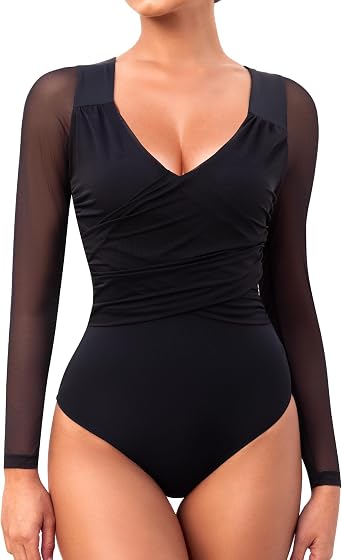 Xibing Bodysuits for Womens Long Sleeve Sheer Mesh Ruched Body Suits V Neck Going Out Tops S-XL