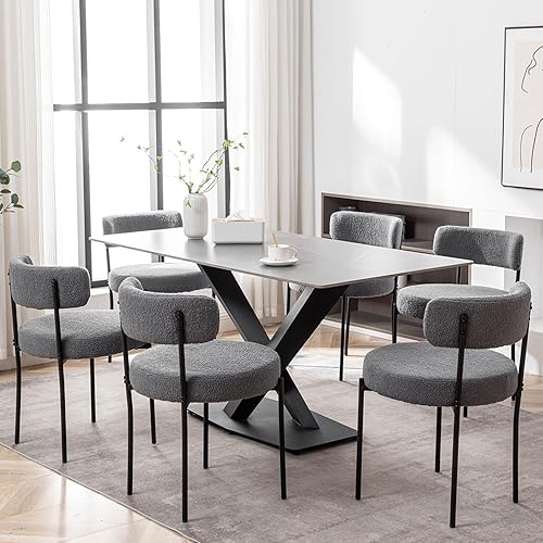 Miniatura 7 de Grey Boucle - Juego de 4 sillas de comedor tapizadas con patas de metal negro, silla de comedor redonda moderna para comedor, cocina