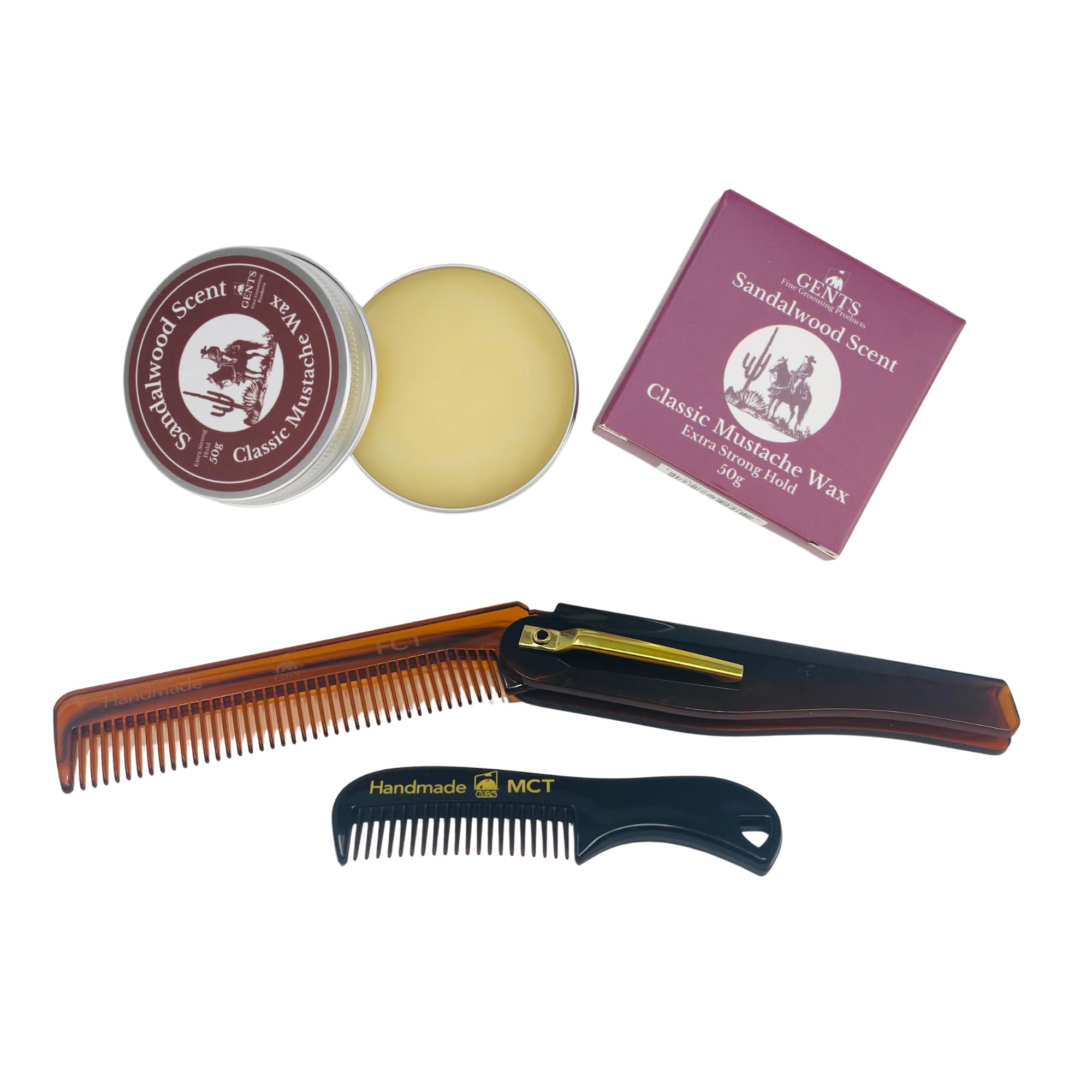 GENTS Mustache Wax Kit – Extra Strong Hold, Classic Mustache Wax with Folding Comb & Pocket Mustache Comb – Styling & Grooming Set for Men Sandalwood 7 Inch (Pack of 1)