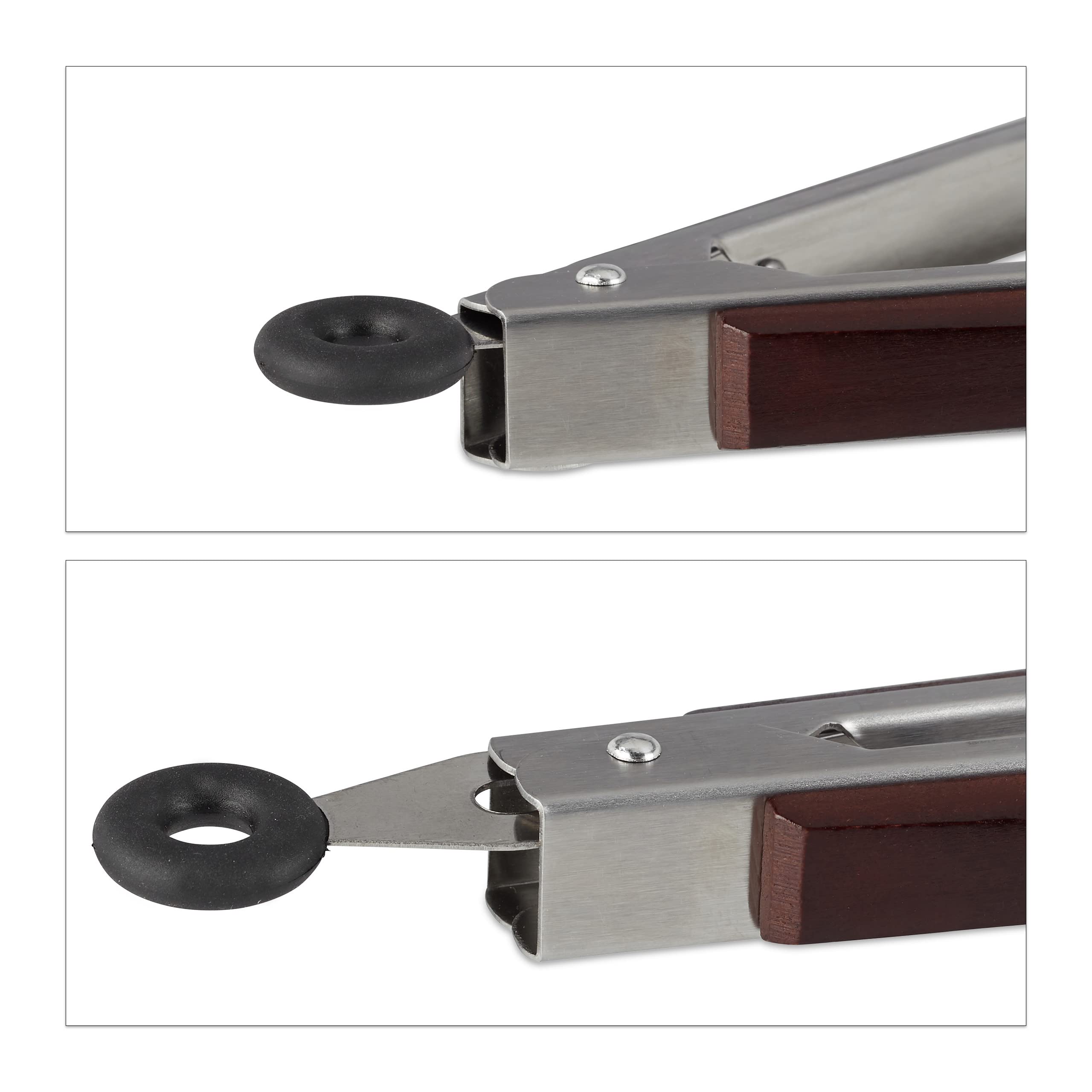 9x Pinza da Cucina, Acciaio & Manico Legno, Accessori per Cucinare, Forchettone Spaghetti e Insalata, 38cm, argento