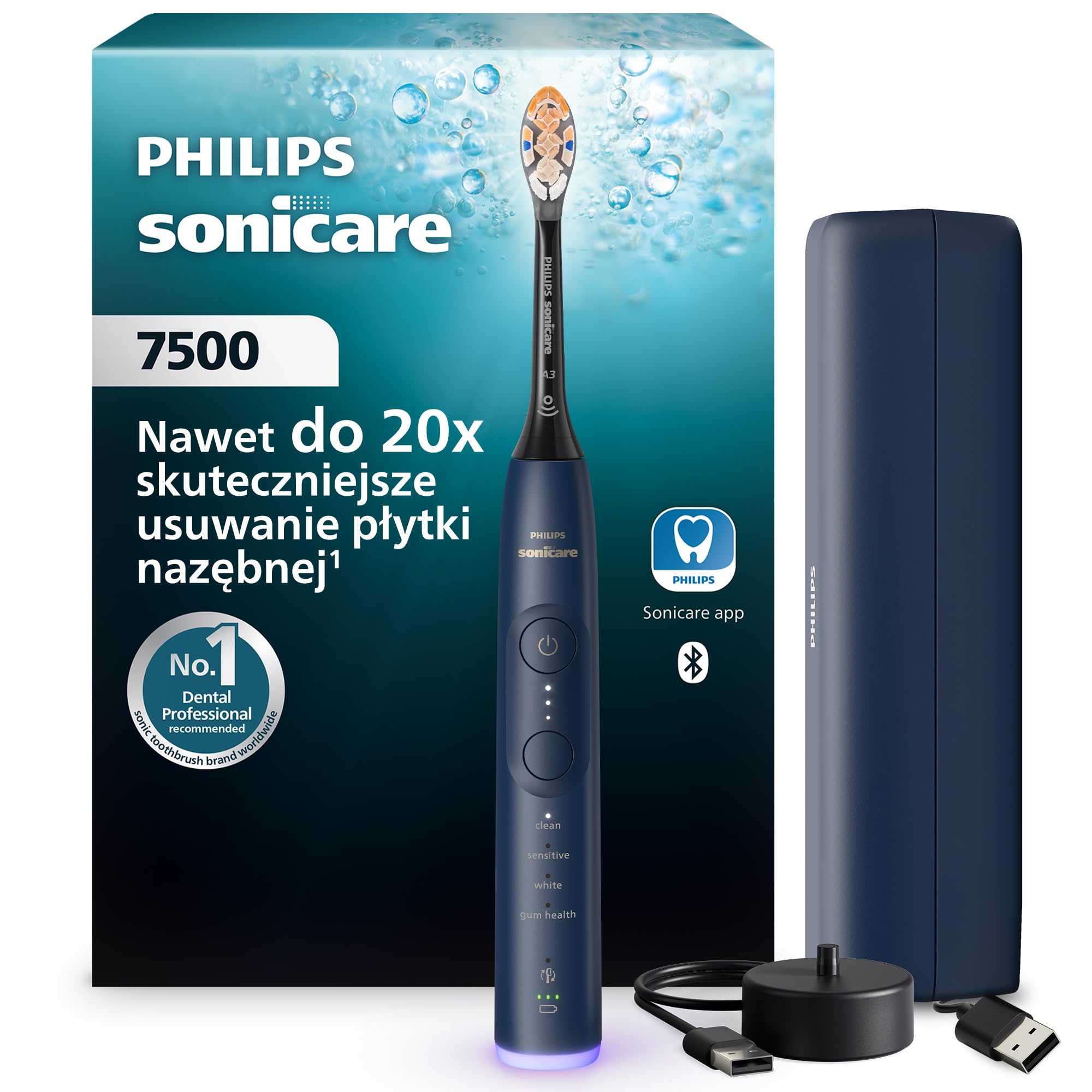 Philips Sonicare szczoteczka z serii 7500 – technologia Sonicare nowej generacji, czujnik nacisku, 12 ustawień, SmarTimer, do 21 dni pracy na jednym ładowaniu, etui podróżne, granatowa, HX7423/10