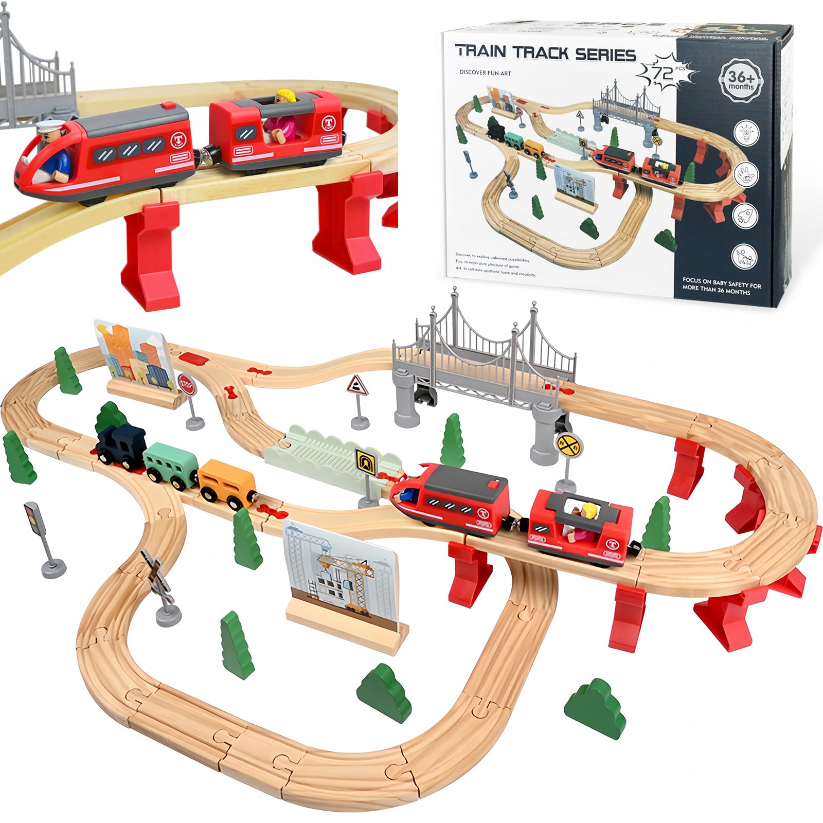 Wooden Train Set for Toddler, 72PCS with Electric Train Railway,Magnetic Train, Bridge Track for Kids Age 3 4 5 Years Old and Up, Birthday Christmas, New Year Gifts for Boys, Girls