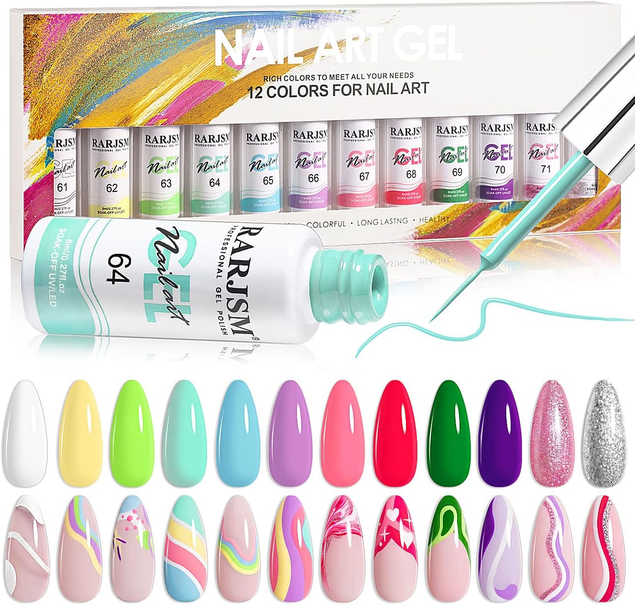 - RARJSM Gel Liner Nail Art, Cotton Candy Collection Painting Gelpolish Set Wire Painting Drawing Gel for Nailart Design White Yellow Blue Purple Red Colors