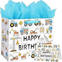 Large Excavator Gift Bag with 2 Tissue Papers and Greeting Card, Medium Present Bag with Handles, 30 x 12 x 26 cm Birthday Gift Bag for Boys,Construction Party Gift Bag