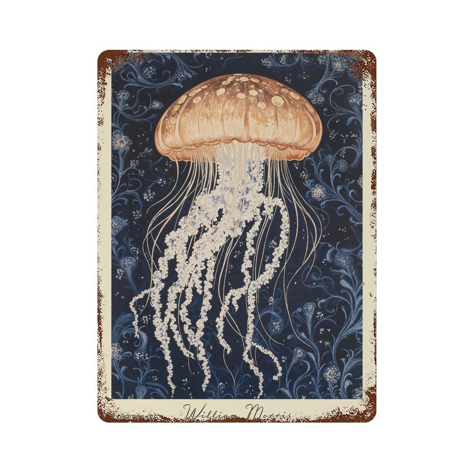 Garage Style William Morris Jellyfish Nautical Rust Effect Tin Sign 15.7"x11.8", Classic Wall Plaque for Bar And Workshop