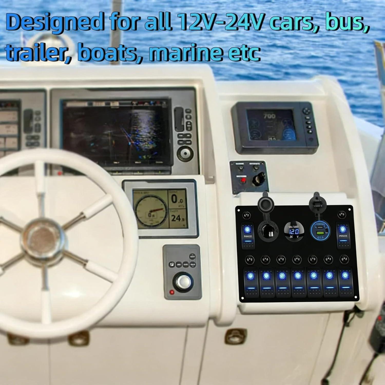 10 Gang 12V/24V DC Rocker Switch Panel with Breaker, PD Type C and QC 3.0 USB Charger, LED Voltmeter, Car Cigarette Lighter Socket, Control Toggle Switch for Car RV ATV UTV Truck Jeep Yacht Ship