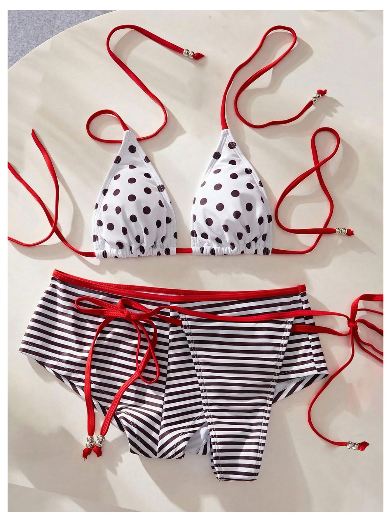 Bikini da Donna A Pois A Righe da Ragazzo, Perizoma all'Americana, Costumi da Bagno in 3 Pezzi con Pantaloncini Copricostume, Multicolore, Grande