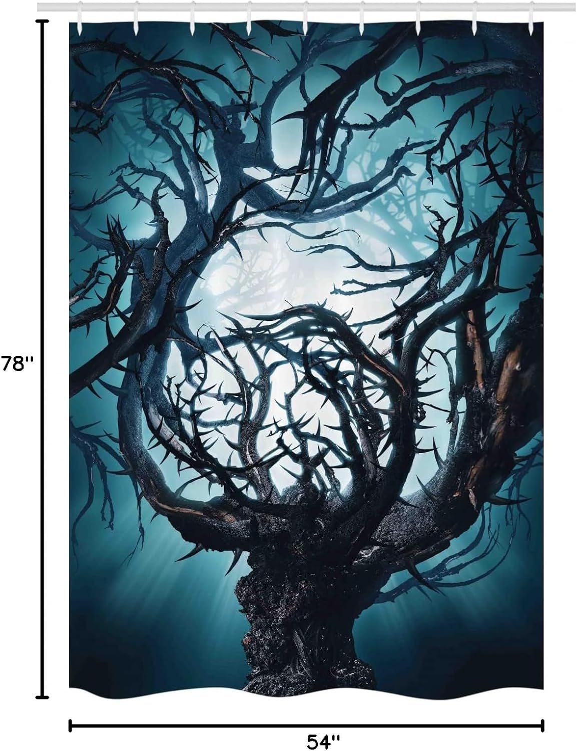 Ambesonne Mystic Stall Shower Curtain, Big Tree Thorns Branch in Spooky Night Fantasy Halloween Illustration Print, Fabric Bathroom Decor Set with Hooks, 54" W x 78" L, Teal White