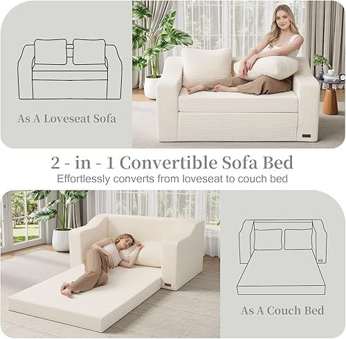 Miniatura 4 de MeMoreCool Sofá cama convertible, sofá biplaza extraíble para dormitorio, sala de estar, salón, sofá pequeño 2 en 1 con almohada, sofá biplaza