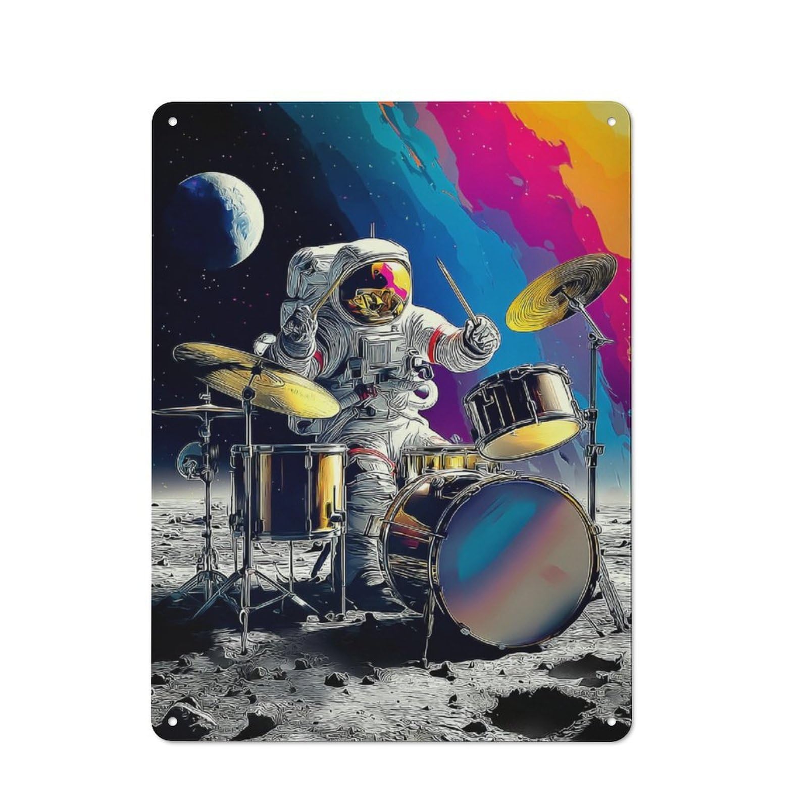 Junmoney Astronaut Drummer On The Moon -3 Retro Metal Wall Sign 40X30cm For Man Cave Or Games Room, For Man Cave Decor Fans Refreshing A Room In Autumn