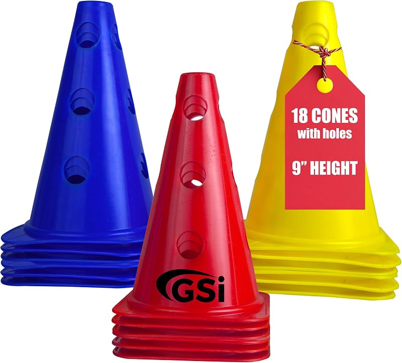 Conos de 9 pulgadas con agujeros para entrenamiento de obstáculos y agilidad | Crea obstáculos de entrenamiento, estable en el viento, construcción robusta, colores brillantes, 18 conos en 3 colores