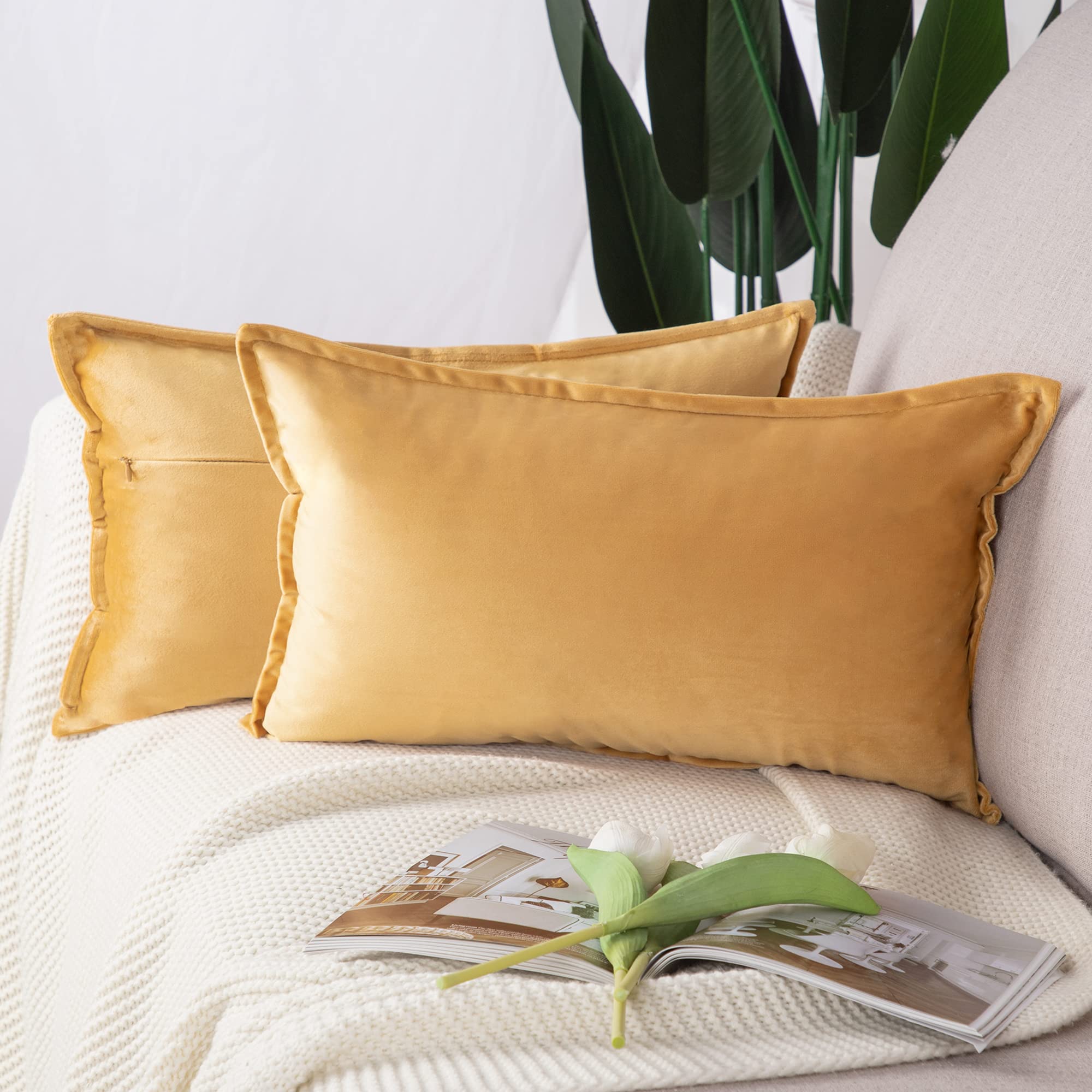 MADIZZ Set of 2 Super Soft Velvet Decorative Pillow Cases with Fringe Luxury Style Cushion Case for Sofa Bedroom 30x50cm Gold - 50 x 30 cm, 2 stuks - Gold