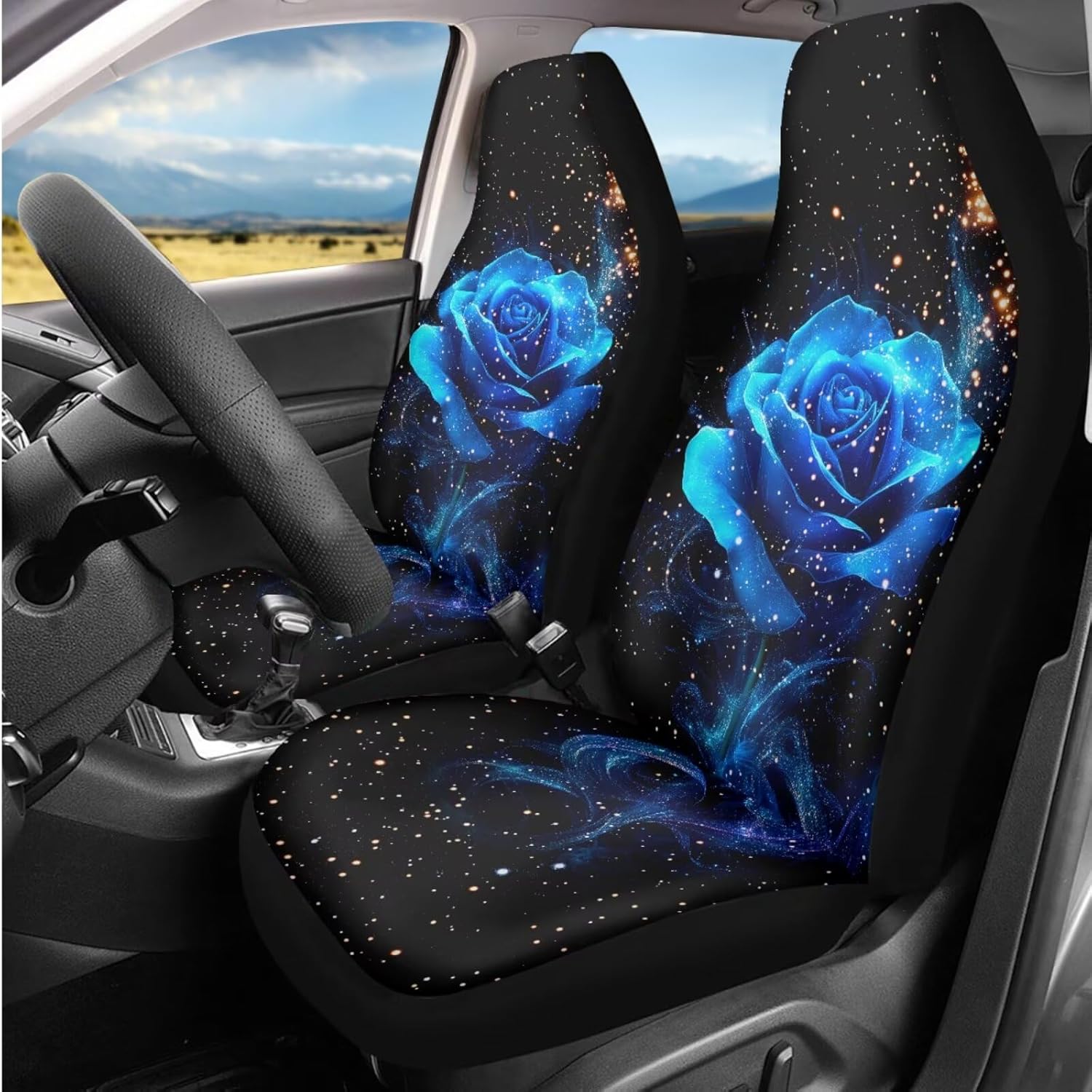 AFPANQZ Blue Rose Car Seat Cover Protection Front Seats Only Universal, Anti-Slip Steering Wheel Cover Stretch-on,Seatbelt Cover Seat Belt Shoulder Pad Adult Kids, Car Armrest Cover