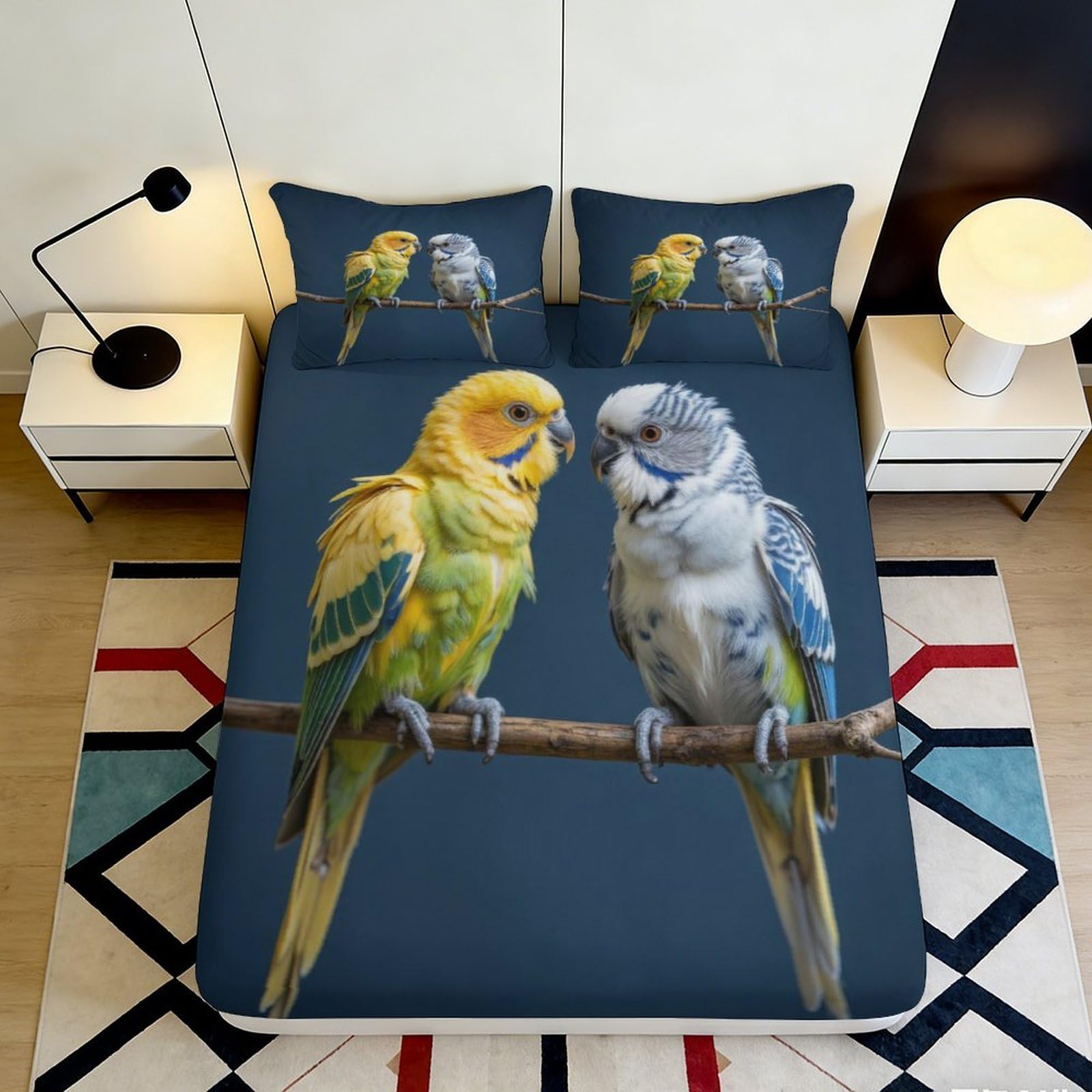 3D Printed Parrot Birds Fitted Sheet Microfiber Soft Breathable Colorful Bird Branch Bed Cover for Bedroom Dormitory Guest Room Mattress Protection 180x200x25cm