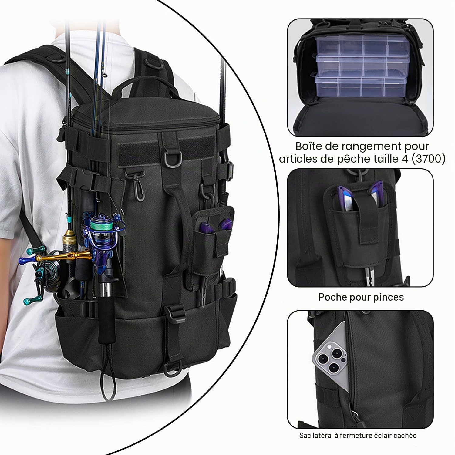 Sac de Peche, Sac à Dos de Pêche Imperméable en Tissu Oxford, Sacs à Dos Multifonctionnel de Grande Capacité, Convient pour Camping, Vélo, Pêches, Sports de Plein Air