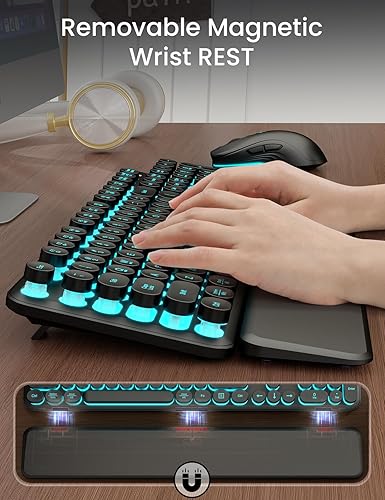 Miniatura 5 de Teclado inalámbrico y mouse retroiluminados teclado de máquina de escribir con reposamuñecas magnético, teclas redondas retro, letras iluminadas,