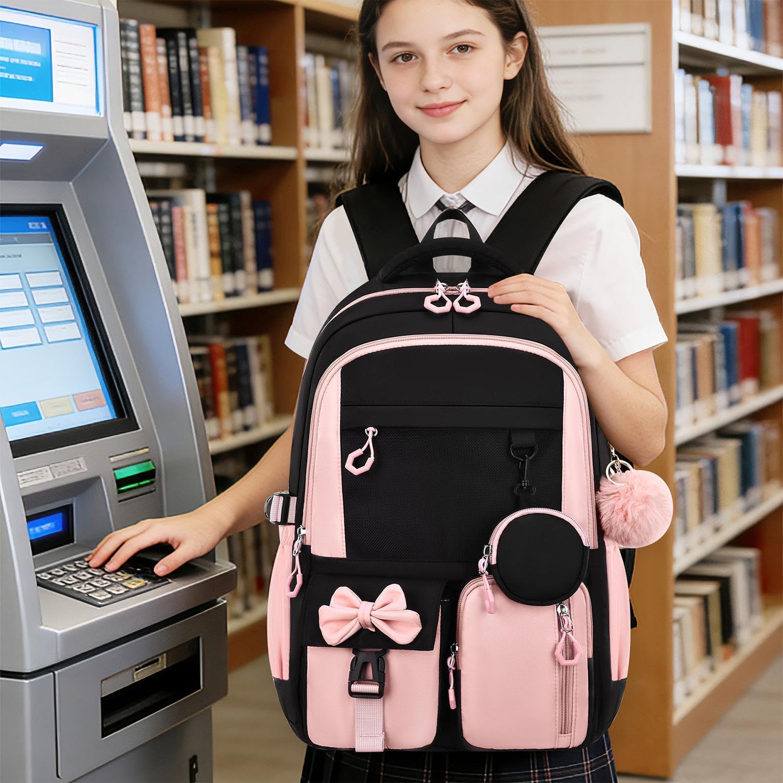 Mädchenschulrucksäcke 3-teilig, Niedliche Schleife, Viel Stauraum, Lunchbox | Leichter Schülerrucksack für Wasserflasche, Schulbücher, Wochenendausflüge, Reisen und