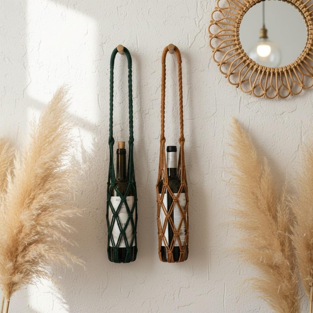 2-Pack Boho Wine Bottle Hanger, Macrame Water Bottle Carrier Strap, Kitchen Storage Hanging, Boho Decor Length 22" (Dark Green)