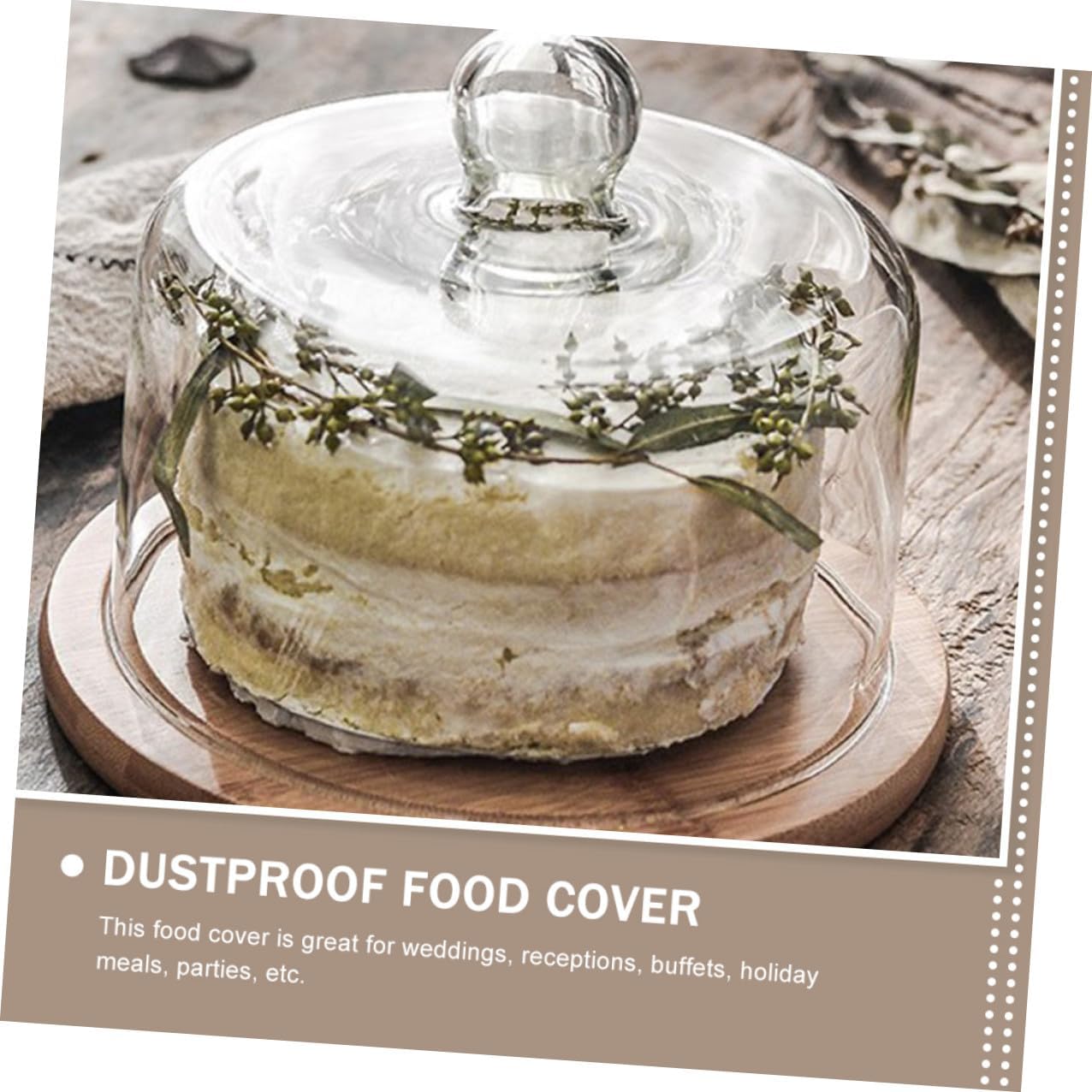 Protective Cake Cover with Large Glass Dome and Wooden Tray, Food Glass Dessert Display Cover for Home Baking and Pastry Preservation
