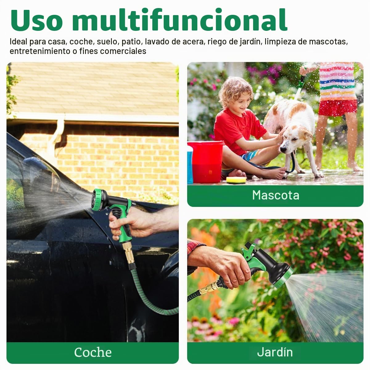 Manguera de jardín flexible de 30 m/100 pies verde, con pistola pulverizadora y conexiones de latón de 3/4" y 1/2", manguera de agua extensible y flexible con 10 funciones, 3x extensible, sin dobleces