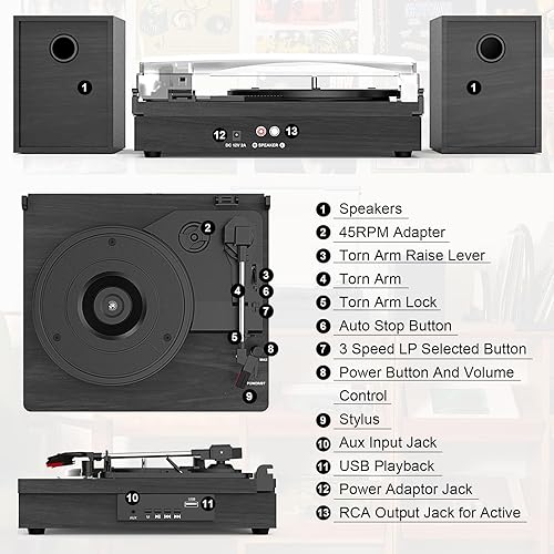 Miniatura 5 de Reproductor de discos de vinilo con dos altavoces estéreo, tocadiscos de reproducción Bluetooth con entrada de auriculares AUX de 3 velocidades y