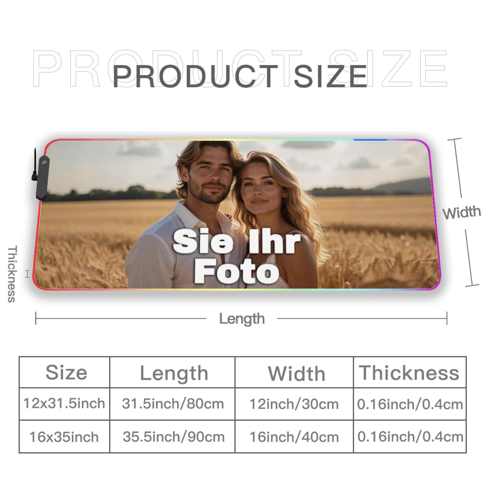 Gaming Mauspad mit Foto/Text/Logo, RGB Mousepad XXL, Personalisiertes Mauspads selbst gestalten, rutschfeste Gummi-Unterseite, Geschenkidee Männer, Frauen, Freunde, Gamer, 30 * 80cm-LED